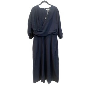 COS Navy Blue Wrap Midi Dress V Neck 3/4 Sleeve Elegant Size 12